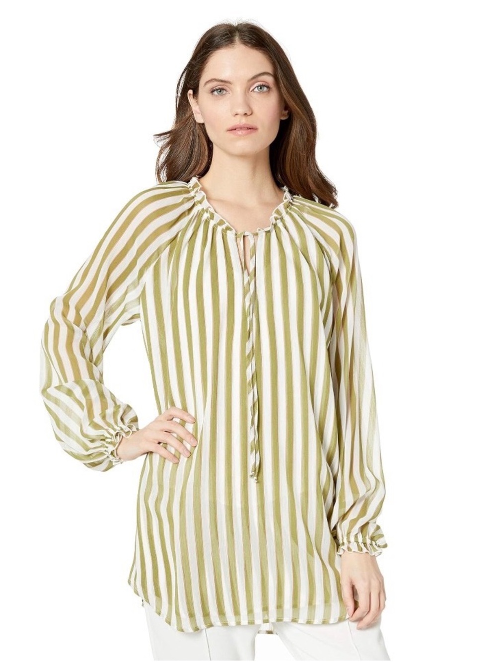 Women's Olive and White Striped Peasant Blouse